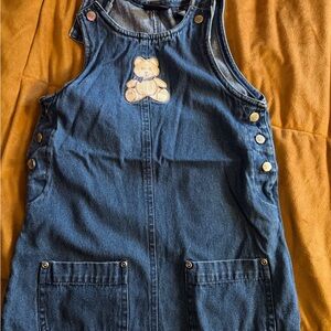 Route 66 Dark Blue Denim Kids Overall Dress with Bear Patch